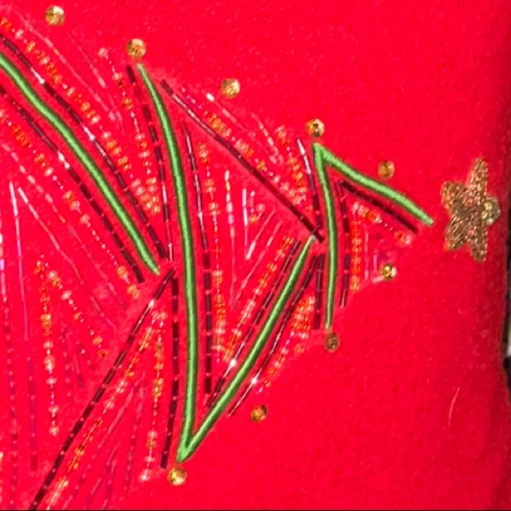 Crate & Barrel Twinkle Red Holiday Pillow With a Beaded Tree Design
